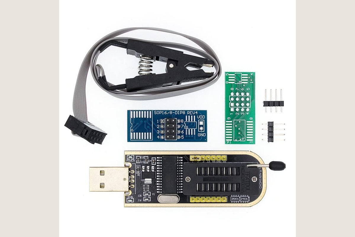 CH341A USB programmer with SOIC8 test clip, ribbon cable and adapter boards