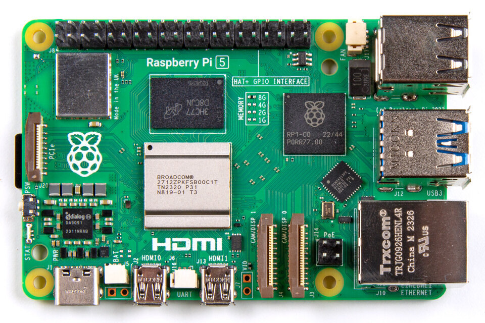 Top view of a Raspberry Pi 5 single-board computer