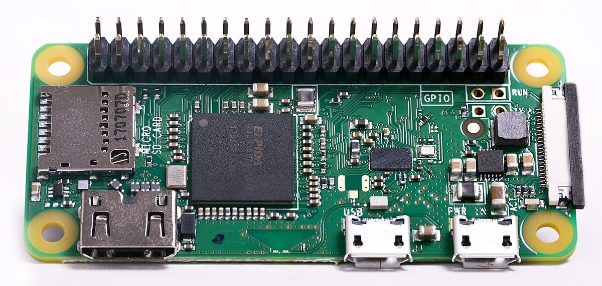 Raspberry Pi Zero WH board with its pre-soldered 40-pin GPIO header